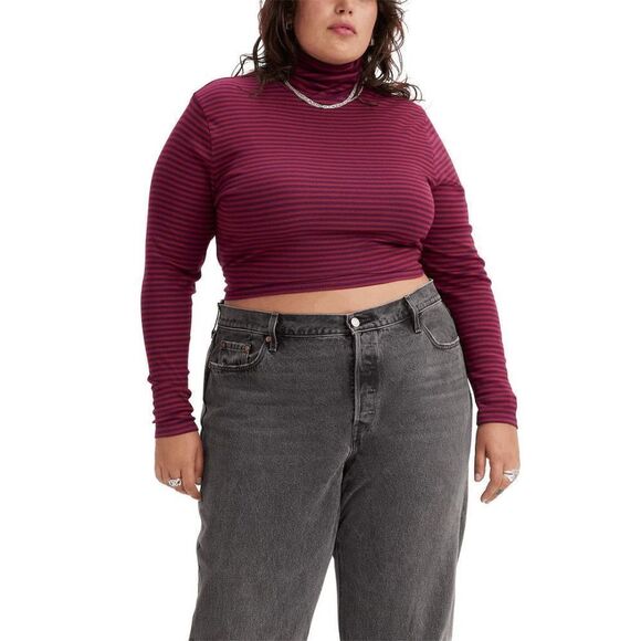 Levi's Women's Moon Plus Size Rib Turtleneck Top - Monday Stripe Beet Red 1X - Picture 5 of 6